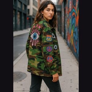 Camouflage Jacket with Colorful Patches